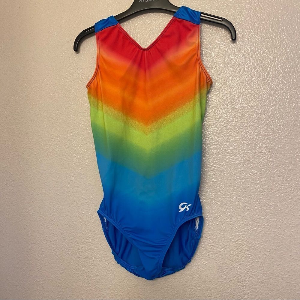 GK elite gymnastics practice leotard blue orange ombre rainbow adult AS